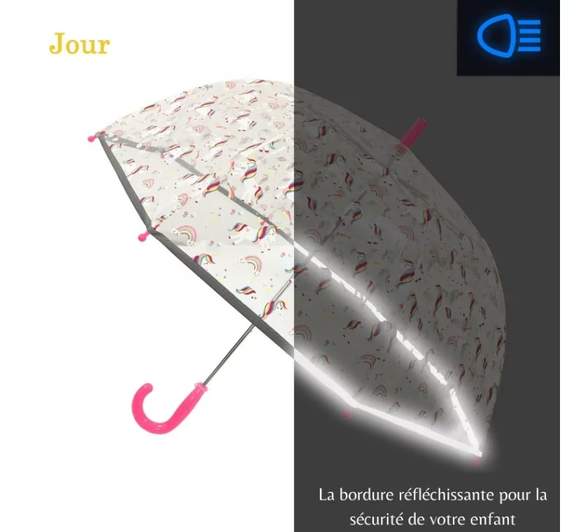 parapluie enfant fille transparent licorne avec bordure réfléchissante