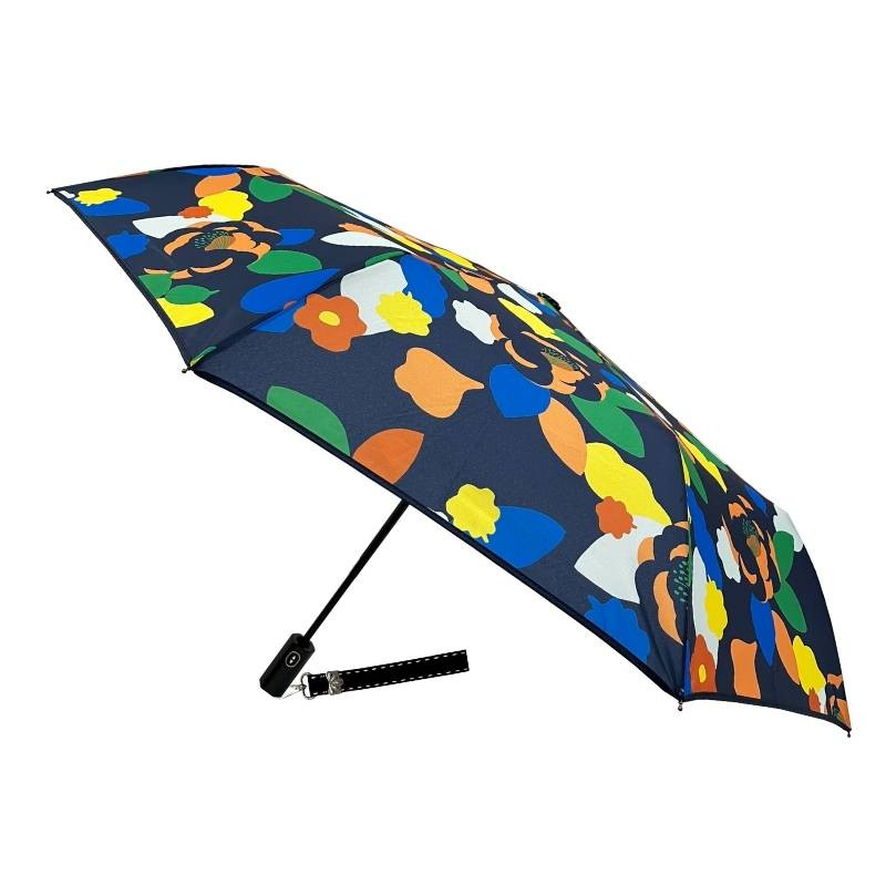 Smati parapluie compact fleur camélia en multicolore avec dragonne couture noire