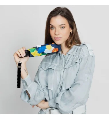 Smati parapluie compact fleur camélia en multicolore avec dragonne couture noire