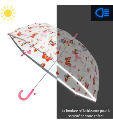 Smati parapluie transparent enfant papillons et cœurs en rose