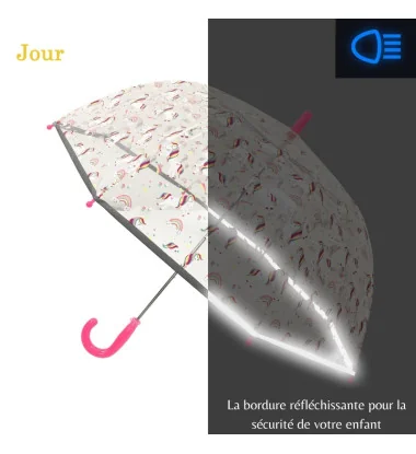parapluie enfant fille transparent licorne avec bordure réfléchissante