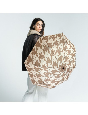 smati parapluie mains libres compact automatique pied-de-poule couleur taupe écru avec sa dragonne couture assortie