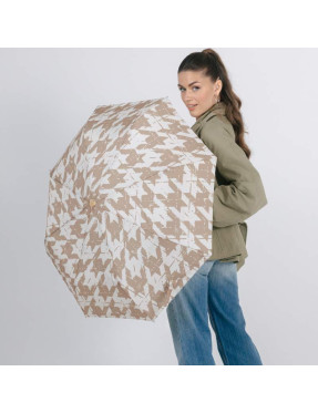 smati parapluie mains libres compact automatique pied-de-poule couleur taupe écru avec sa dragonne couture assortie