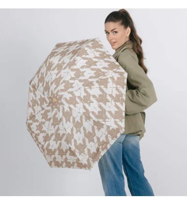 smati parapluie mains libres compact automatique pied-de-poule couleur taupe écru avec sa dragonne couture assortie